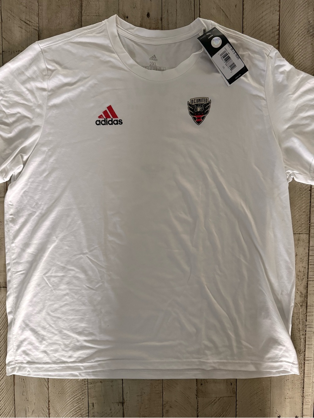 adidas White Short-Sleeve DC United Crest Tee with Red Logo Accents NWT